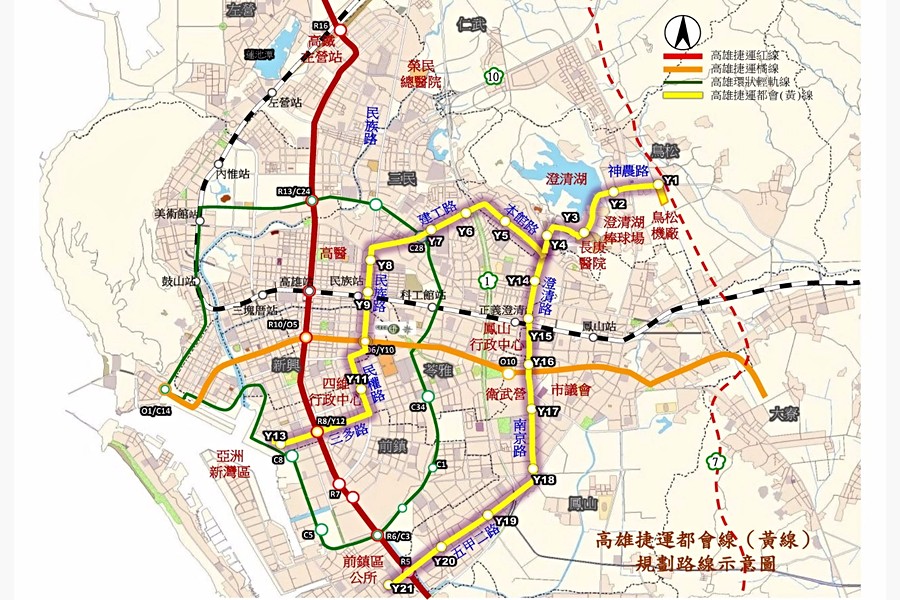 高雄捷運(黃線)規劃路線示意圖(圖來自高雄市政府捷運工程局網頁)