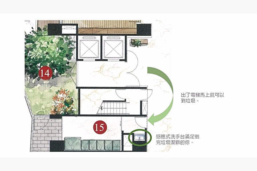 電梯下來可以直接去環保回收室(圖為編輯加工,僅供開箱文說明使用)