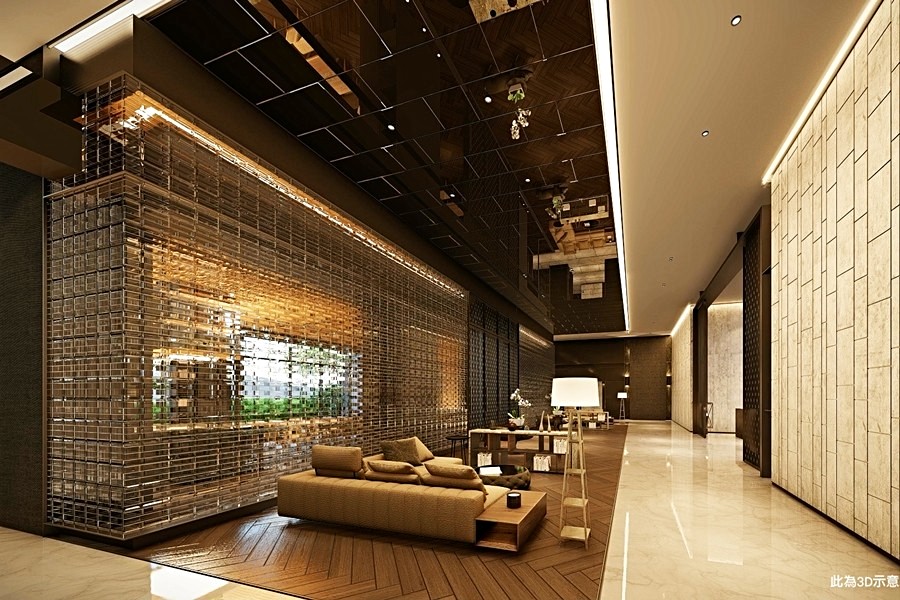 大廳挑高6米,選用玻璃磚作為主牆。(3D示意,僅供參考)