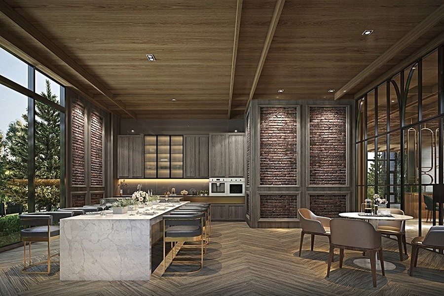 1樓也規劃廚藝教室，方便聚會使用。3D透視圖