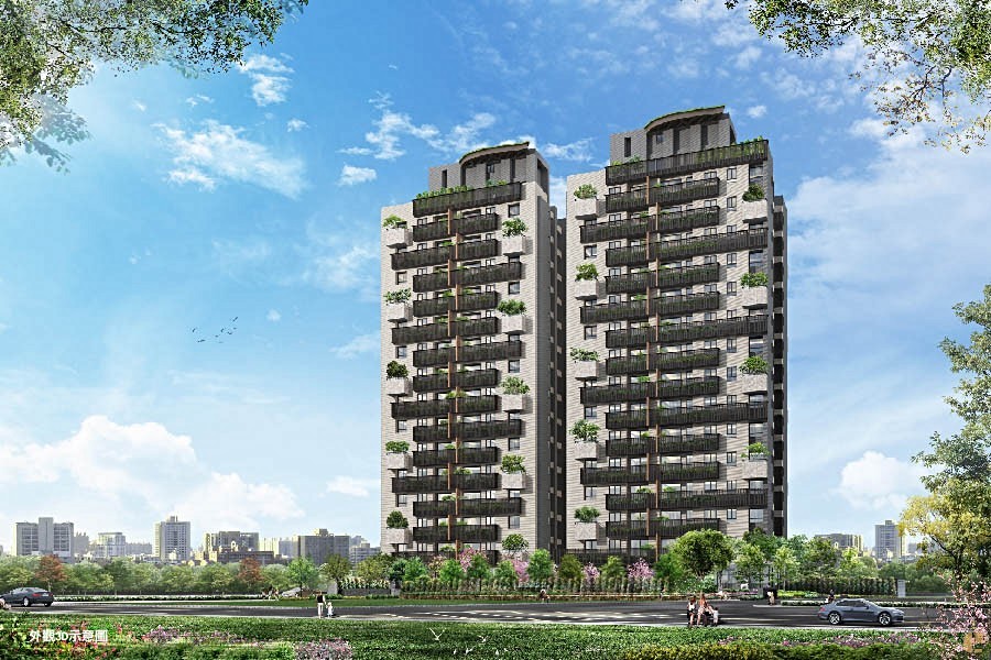 雙塔建物周圍有近600坪綠地。3D示意圖