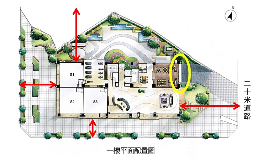 圖/一樓平面圖看社區公設位置及車道(黃框處)出入動線，且社區退縮距離也是計算真實棟距的重要關鍵(紅箭處)。(示意圖)