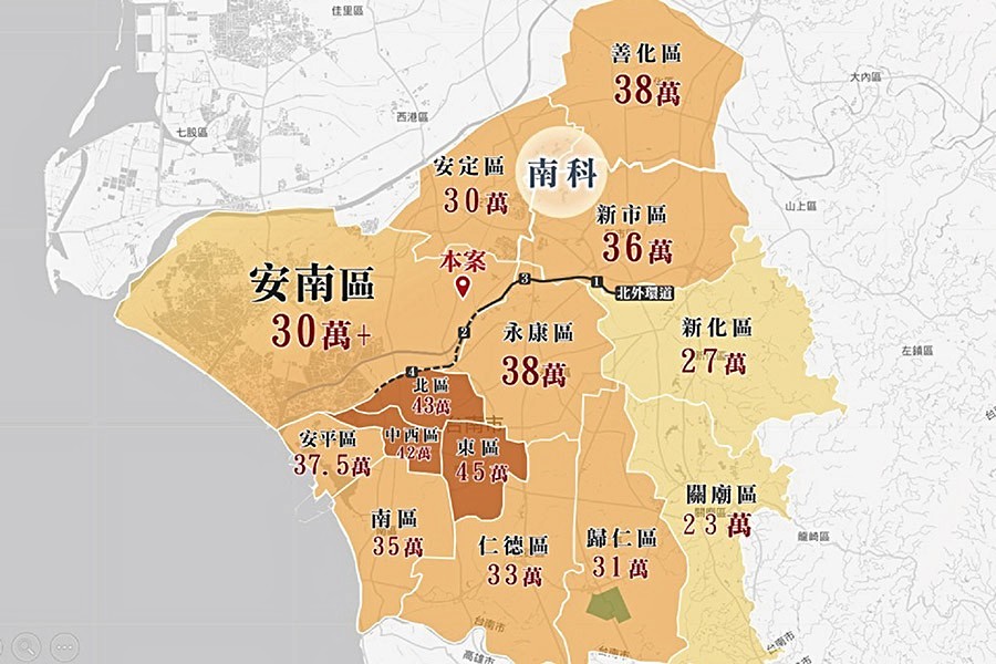 台南市各行政區平均價格示意圖(資料來源:實價登錄統計)